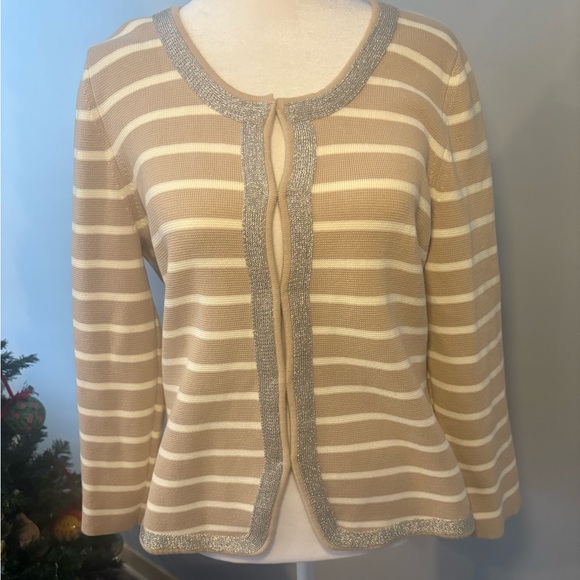 Banana Republic Women’s L Striped Open Front Cardigan Silver Trim Cotton - Picture 2 of 14